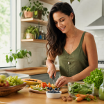 Pessoa preparando uma refeição saudável com frutas e vegetais em uma cozinha iluminada